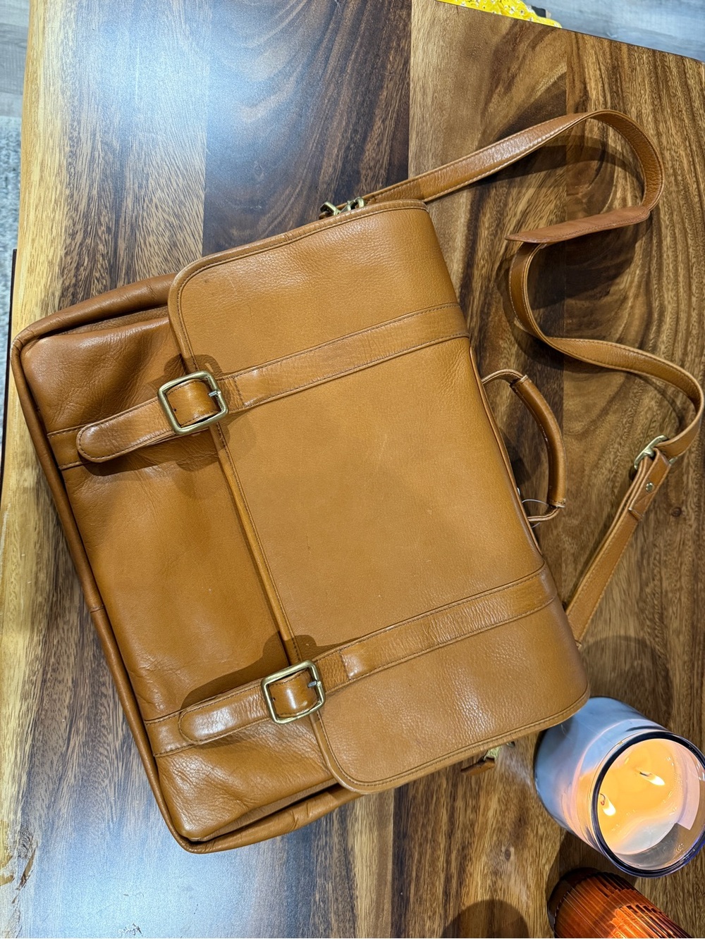 latico Tan Leather Messenger Bag with Brass Buckles